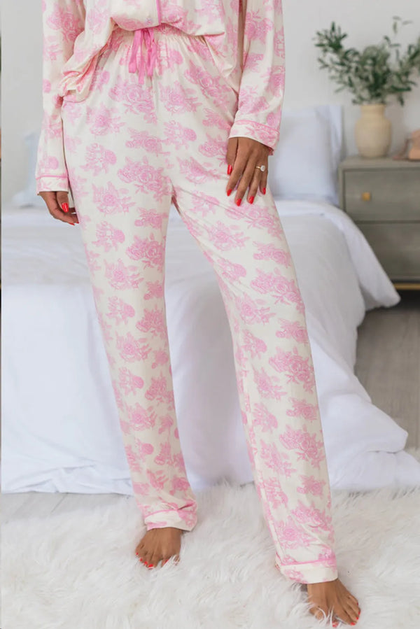 Printed Button Up Long Sleeve Top and Pants Lounge Set